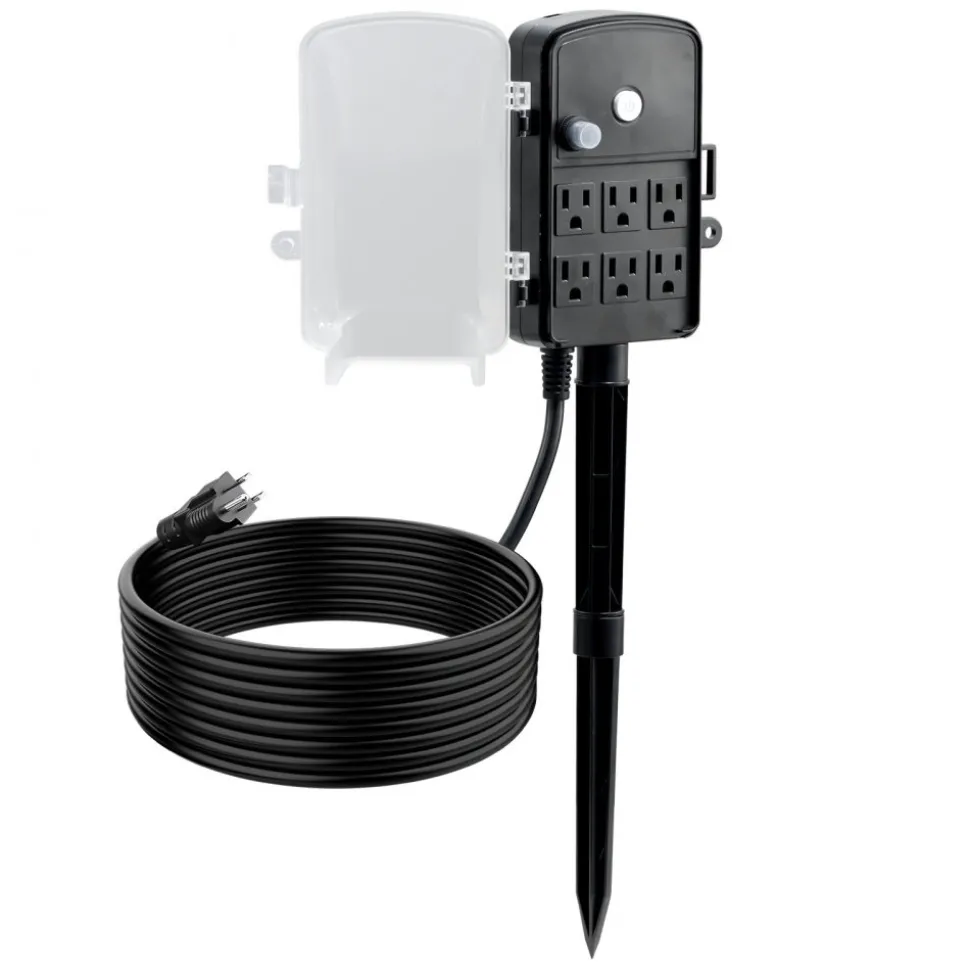 VEVOR Outdoor Power Stake, 15 FT Extension Cord, Outdoor Power Strip Weatherproof with Cover and Overload Protection, 6 Outlets, 15A/1875W, Waterproof Multi-Outlet Yard Stake for Christmas Lights