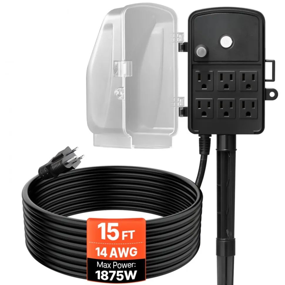 VEVOR Outdoor Power Stake, 15 FT Extension Cord, Outdoor Power Strip Weatherproof with Cover and Overload Protection, 6 Outlets, 15A/1875W, Waterproof Multi-Outlet Yard Stake for Christmas Lights