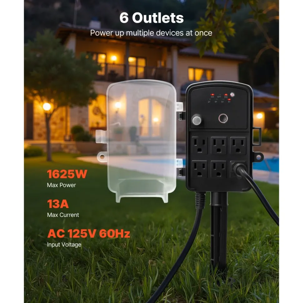 VEVOR Outdoor Power Stake, 50 FT Extension Cord, Outdoor Power Strip Weatherproof with Cover and Overload Protection, 6 Outlets, 15A/1875W, Waterproof Multi-Outlet Yard Stake for Christmas Lights