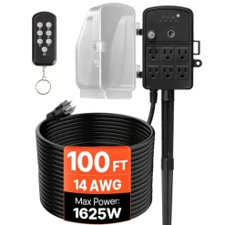 VEVOR Outdoor Power Stake, 100FT Extension Cord, Outdoor Power Strip Weatherproof with Cover, Remote Control Dusk to Dawn Light Timer Waterproof, 6 Outlets, 1625W/13A, for Christmas Lights, Garden