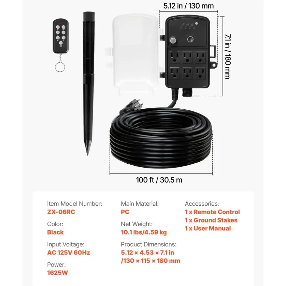 VEVOR Outdoor Power Stake, 50 FT Extension Cord, Outdoor Power Strip Weatherproof with Cover and Overload Protection, 6 Outlets, 15A/1875W, Waterproof Multi-Outlet Yard Stake for Christmas Lights