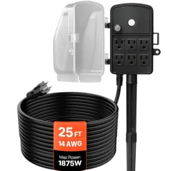 VEVOR Outdoor Power Stake, 25 FT Extension Cord, Outdoor Power Strip Weatherproof with Cover and Overload Protection, 6 Outlets, 15A/1875W, Waterproof Multi-Outlet Yard Stake for Christmas Lights