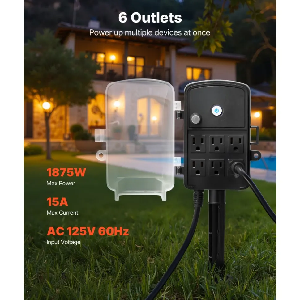 VEVOR Outdoor Power Stake, 25 FT Extension Cord, Outdoor Power Strip Weatherproof with Cover and Overload Protection, 6 Outlets, 15A/1875W, Waterproof Multi-Outlet Yard Stake for Christmas Lights