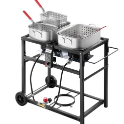 VEVOR Outdoor Propane Deep Fryer, Dual-Tank 18QTx2 Commercial Fryer, Multi-Purpose Portable Frying Cart with Wheel, 3 Basket, 2 Thermometer, Stainless Steel Cooker for Fish Fry Wings Fries, 40,000 BTU