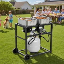 VEVOR Outdoor Propane Deep Fryer, Dual-Tank 18QTx2 Commercial Fryer, Multi-Purpose Portable Frying Cart with Wheel, 3 Basket, 2 Thermometer, Stainless Steel Cooker for Fish Fry Wings Fries, 40,000 BTU