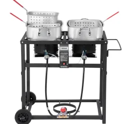 VEVOR Outdoor Propane Deep Fryer, Dual-Tank 18QTx2 Commercial Fryer, Multi-Purpose Portable Frying Cart with Wheel, 3 Basket, 2 Thermometer, Stainless Steel Cooker for Fish Fry Wings Fries, 40,000 BTU
