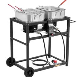 VEVOR Outdoor Propane Deep Fryer, Dual-Tank 18QTx2 Commercial Fryer, Multi-Purpose Portable Frying Cart with Wheel, 3 Basket, 2 Thermometer, Stainless Steel Cooker for Fish Fry Wings Fries, 40,000 BTU