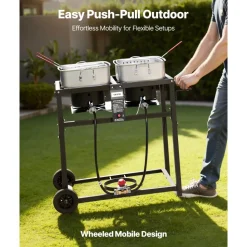 VEVOR Outdoor Propane Deep Fryer, Dual-Tank 18QTx2 Commercial Fryer, Multi-Purpose Portable Frying Cart with Wheel, 3 Basket, 2 Thermometer, Stainless Steel Cooker for Fish Fry Wings Fries, 40,000 BTU