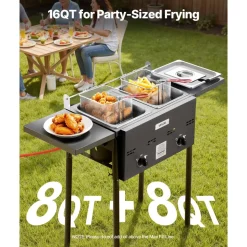 VEVOR Outdoor Propane Deep Fryer, Dual-Tank 8QTx2 Commercial Fryer, Stainless Steel Cooker with Foldable Platform, Dual Basket, and Heat Adjustment, Floor Standing Fryers for Restaurant Home Snack Bar
