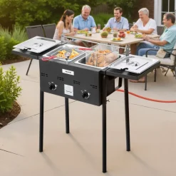 VEVOR Outdoor Propane Deep Fryer, Dual-Tank 8QTx2 Commercial Fryer, Stainless Steel Cooker with Foldable Platform, Dual Basket, and Heat Adjustment, Floor Standing Fryers for Restaurant Home Snack Bar
