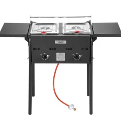 VEVOR Outdoor Propane Deep Fryer, Dual-Tank 8QTx2 Commercial Fryer, Stainless Steel Cooker with Foldable Platform, Dual Basket, and Heat Adjustment, Floor Standing Fryers for Restaurant Home Snack Bar