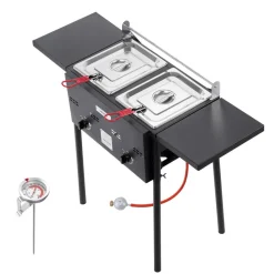 VEVOR Outdoor Propane Deep Fryer, Dual-Tank 8QTx2 Commercial Fryer, Stainless Steel Cooker with Foldable Platform, Dual Basket, and Heat Adjustment, Floor Standing Fryers for Restaurant Home Snack Bar