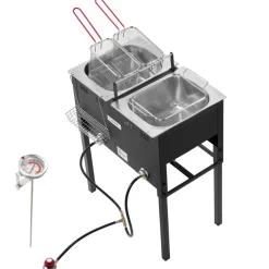 VEVOR Outdoor Propane Deep Fryer, Dual-Tank 16QTx2 Large Capacity Commercial Fryer, Stainless Steel Fish Cooker with 3 Basket, Thermometer, Floor Standing Fryers for Catering Event Camping, 50,000 BTU