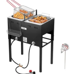 VEVOR Outdoor Propane Deep Fryer, Dual-Tank 16QTx2 Large Capacity Commercial Fryer, Stainless Steel Fish Cooker with 3 Basket, Thermometer, Floor Standing Fryers for Catering Event Camping, 50,000 BTU