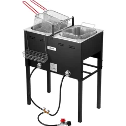 VEVOR Outdoor Propane Deep Fryer, Dual-Tank 16QTx2 Large Capacity Commercial Fryer, Stainless Steel Fish Cooker with 3 Basket, Thermometer, Floor Standing Fryers for Catering Event Camping, 50,000 BTU