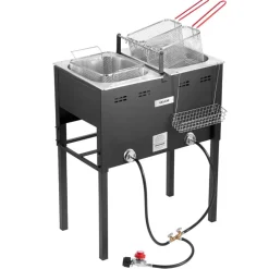VEVOR Outdoor Propane Deep Fryer, Dual-Tank 16QTx2 Large Capacity Commercial Fryer, Stainless Steel Fish Cooker with 3 Basket, Thermometer, Floor Standing Fryers for Catering Event Camping, 50,000 BTU