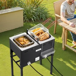 VEVOR Outdoor Propane Deep Fryer, Dual-Tank 16QTx2 Large Capacity Commercial Fryer, Stainless Steel Fish Cooker with 3 Basket, Thermometer, Floor Standing Fryers for Catering Event Camping, 50,000 BTU