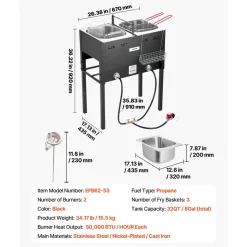 VEVOR Outdoor Propane Deep Fryer, Dual-Tank 16QTx2 Large Capacity Commercial Fryer, Stainless Steel Fish Cooker with 3 Basket, Thermometer, Floor Standing Fryers for Catering Event Camping, 50,000 BTU