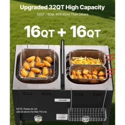 VEVOR Outdoor Propane Deep Fryer, Dual-Tank 16QTx2 Large Capacity Commercial Fryer, Stainless Steel Fish Cooker with 3 Basket, Thermometer, Floor Standing Fryers for Catering Event Camping, 50,000 BTU