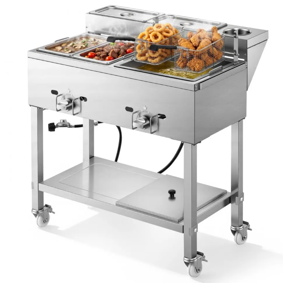 VEVOR Outdoor Propane Deep Fryer, 2 Burners (11,600 BTU Each), Commercial Fryer with Two 1/3 Size Food Warming Pans, Multi-Purpose Frying Cart with 4 Lockable Wheels, for Fried Chicken & Fries
