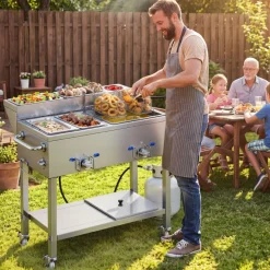 VEVOR Outdoor Propane Deep Fryer, 2 Burners (11,600 BTU Each), Commercial Fryer with Two 1/3 Size Food Warming Pans, Multi-Purpose Frying Cart with 4 Lockable Wheels, for Fried Chicken & Fries