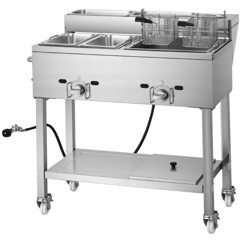 VEVOR Outdoor Propane Deep Fryer, 2 Burners (11,600 BTU Each), Commercial Fryer with Two 1/3 Size Food Warming Pans, Multi-Purpose Frying Cart with 4 Lockable Wheels, for Fried Chicken & Fries