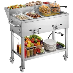 VEVOR Outdoor Propane Deep Fryer, 2 Burners (11,600 BTU Each), Commercial Fryer with Two 1/3 Size Food Warming Pans, Multi-Purpose Frying Cart with 4 Lockable Wheels, for Fried Chicken & Fries