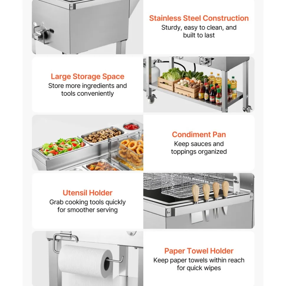 VEVOR Outdoor Propane Deep Fryer, 2 Burners (11,600 BTU Each), Commercial Fryer with Two 1/3 Size Food Warming Pans, Multi-Purpose Frying Cart with 4 Lockable Wheels, for Fried Chicken & Fries