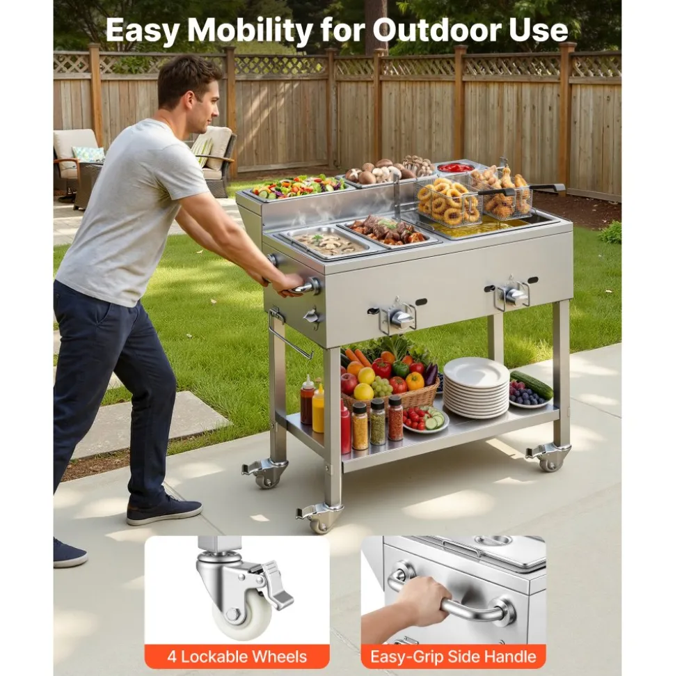 VEVOR Outdoor Propane Deep Fryer, 2 Burners (11,600 BTU Each), Commercial Fryer with Two 1/3 Size Food Warming Pans, Multi-Purpose Frying Cart with 4 Lockable Wheels, for Fried Chicken & Fries