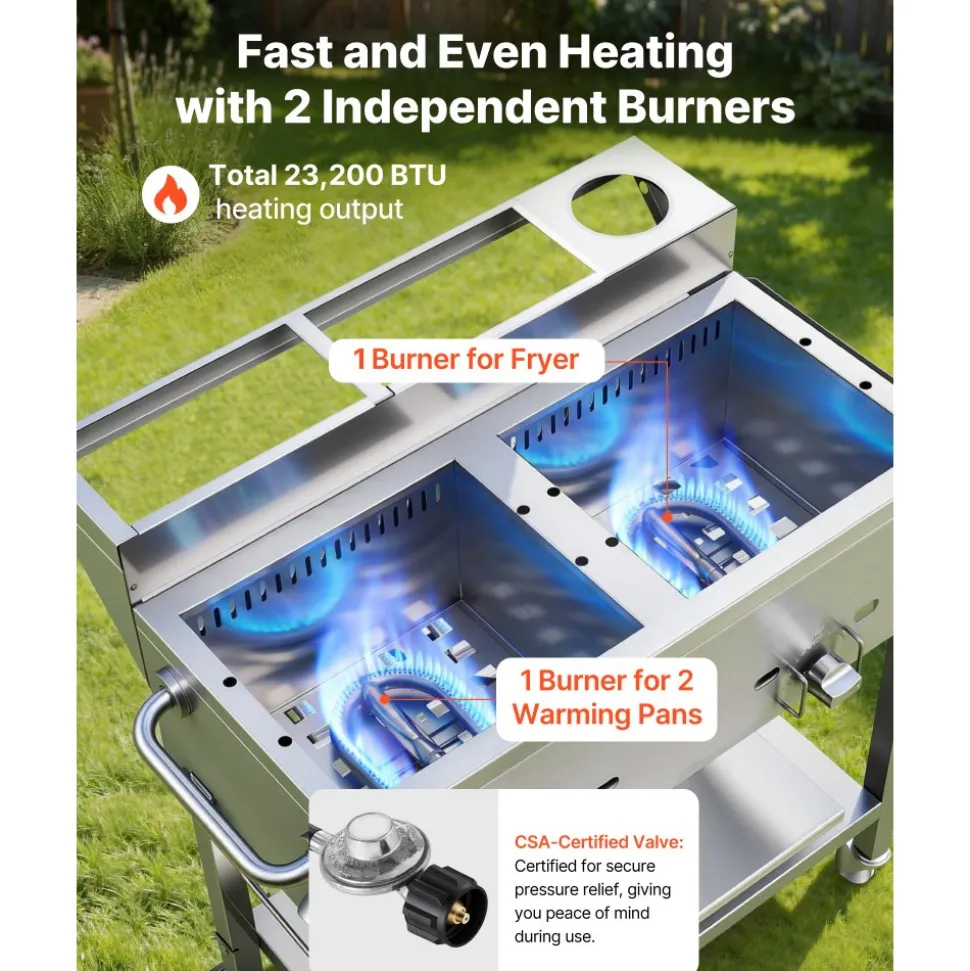 VEVOR Outdoor Propane Deep Fryer, 2 Burners (11,600 BTU Each), Commercial Fryer with Two 1/3 Size Food Warming Pans, Multi-Purpose Frying Cart with 4 Lockable Wheels, for Fried Chicken & Fries