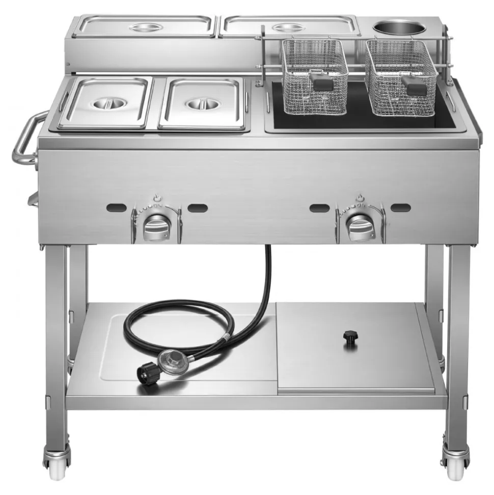 VEVOR Outdoor Propane Deep Fryer, 2 Burners (11,600 BTU Each), Commercial Fryer with Two 1/3 Size Food Warming Pans, Multi-Purpose Frying Cart with 4 Lockable Wheels, for Fried Chicken & Fries
