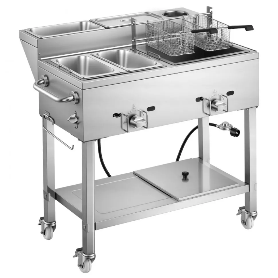 VEVOR Outdoor Propane Deep Fryer, 2 Burners (11,600 BTU Each), Commercial Fryer with Two 1/3 Size Food Warming Pans, Multi-Purpose Frying Cart with 4 Lockable Wheels, for Fried Chicken & Fries