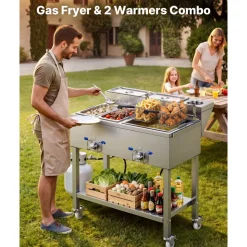 VEVOR Outdoor Propane Deep Fryer, 2 Burners (11,600 BTU Each), Commercial Fryer with Two 1/3 Size Food Warming Pans, Multi-Purpose Frying Cart with 4 Lockable Wheels, for Fried Chicken & Fries