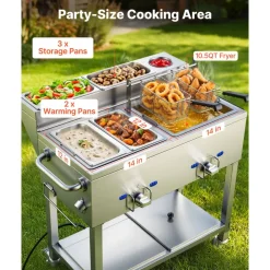 VEVOR Outdoor Propane Deep Fryer, 2 Burners (11,600 BTU Each), Commercial Fryer with Two 1/3 Size Food Warming Pans, Multi-Purpose Frying Cart with 4 Lockable Wheels, for Fried Chicken & Fries