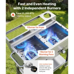 VEVOR Outdoor Propane Deep Fryer, 2 Burners (11,600 BTU Each), Commercial Fryer with Two 1/3 Size Food Warming Pans, Multi-Purpose Frying Cart with 4 Lockable Wheels, for Fried Chicken & Fries