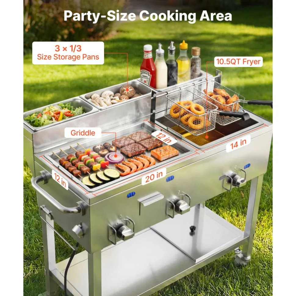 VEVOR Outdoor Propane Fryer & Griddle Combo, 3 Burners (11,600 BTU Each), Commercial Stainless Steel Frying Cart with Wheels, 2 Fryer Baskets & 3 Food Pans, for Hot Dogs, Fried Chicken, Fries, Meats