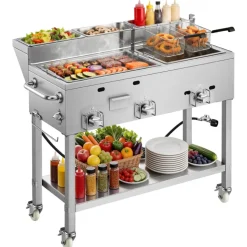 VEVOR Outdoor Propane Fryer & Griddle Combo, 3 Burners (11,600 BTU Each), Commercial Stainless Steel Frying Cart with Wheels, 2 Fryer Baskets & 3 Food Pans, for Hot Dogs, Fried Chicken, Fries, Meats