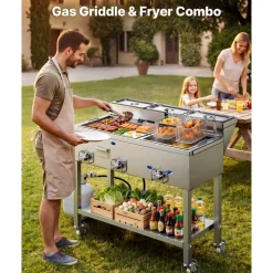 VEVOR Outdoor Propane Fryer & Griddle Combo, 3 Burners (11,600 BTU Each), Commercial Stainless Steel Frying Cart with Wheels, 2 Fryer Baskets & 3 Food Pans, for Hot Dogs, Fried Chicken, Fries, Meats