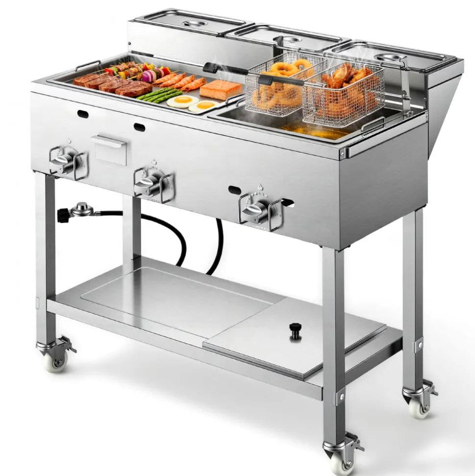 VEVOR Outdoor Propane Fryer & Griddle Combo, 3 Burners (11,600 BTU Each), Commercial Stainless Steel Frying Cart with Wheels, 2 Fryer Baskets & 3 Food Pans, for Hot Dogs, Fried Chicken, Fries, Meats