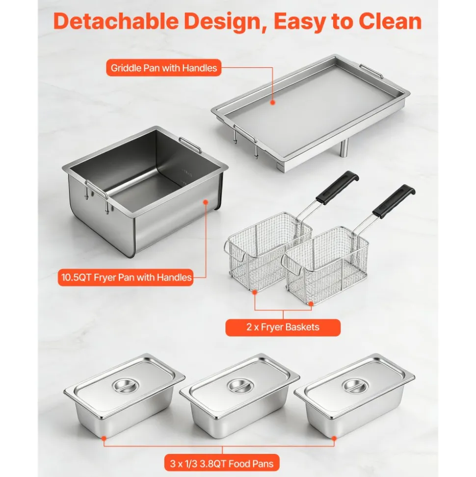 VEVOR Outdoor Propane Fryer & Griddle Combo, 3 Burners (11,600 BTU Each), Commercial Stainless Steel Frying Cart with Wheels, 2 Fryer Baskets & 3 Food Pans, for Hot Dogs, Fried Chicken, Fries, Meats
