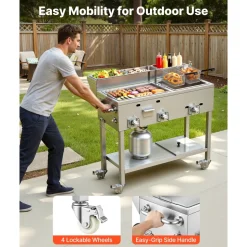 VEVOR Outdoor Propane Fryer & Griddle Combo, 3 Burners (11,600 BTU Each), Commercial Stainless Steel Frying Cart with Wheels, 2 Fryer Baskets & 3 Food Pans, for Hot Dogs, Fried Chicken, Fries, Meats