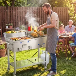 VEVOR Outdoor Propane Fryer & Griddle Combo, 3 Burners (11,600 BTU Each), Commercial Stainless Steel Frying Cart with Wheels, 2 Fryer Baskets & 3 Food Pans, for Hot Dogs, Fried Chicken, Fries, Meats