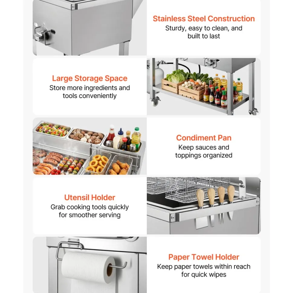 VEVOR Outdoor Propane Fryer & Griddle Combo, 3 Burners (11,600 BTU Each), Commercial Stainless Steel Frying Cart with Wheels, 2 Fryer Baskets & 3 Food Pans, for Hot Dogs, Fried Chicken, Fries, Meats