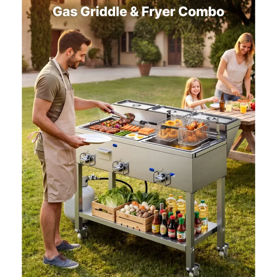 VEVOR Outdoor Propane Fryer & Griddle Combo, 3 Burners (11,600 BTU Each), Commercial Stainless Steel Frying Cart with Wheels, 2 Fryer Baskets & 3 Food Pans, for Hot Dogs, Fried Chicken, Fries, Meats
