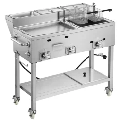 VEVOR Outdoor Propane Fryer & Griddle Combo, 3 Burners (11,600 BTU Each), Commercial Stainless Steel Frying Cart with Wheels, 2 Fryer Baskets & 3 Food Pans, for Hot Dogs, Fried Chicken, Fries, Meats
