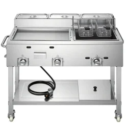 VEVOR Outdoor Propane Fryer & Griddle Combo, 3 Burners (11,600 BTU Each), Commercial Stainless Steel Frying Cart with Wheels, 2 Fryer Baskets & 3 Food Pans, for Hot Dogs, Fried Chicken, Fries, Meats
