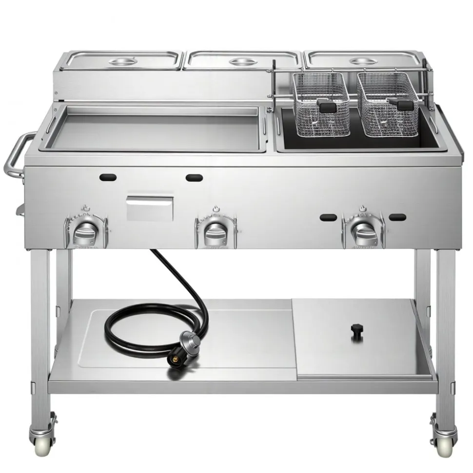 VEVOR Outdoor Propane Fryer & Griddle Combo, 3 Burners (11,600 BTU Each), Commercial Stainless Steel Frying Cart with Wheels, 2 Fryer Baskets & 3 Food Pans, for Hot Dogs, Fried Chicken, Fries, Meats