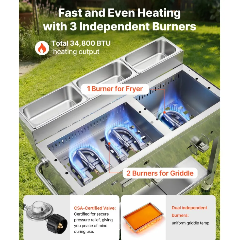 VEVOR Outdoor Propane Fryer & Griddle Combo, 3 Burners (11,600 BTU Each), Commercial Stainless Steel Frying Cart with Wheels, 2 Fryer Baskets & 3 Food Pans, for Hot Dogs, Fried Chicken, Fries, Meats