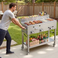 VEVOR Outdoor Propane Griddle, 3 Burners (11,600 BTU Each), Commercial Stainless Steel Griddle with Two 1/3 Size Food Warming Pans, Portable Cart with 4 Lockable Wheels, for Hot Dogs, Burgers & Meats