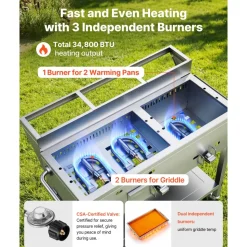 VEVOR Outdoor Propane Griddle, 3 Burners (11,600 BTU Each), Commercial Stainless Steel Griddle with Two 1/3 Size Food Warming Pans, Portable Cart with 4 Lockable Wheels, for Hot Dogs, Burgers & Meats